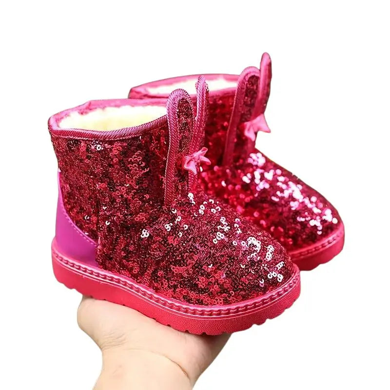 Bota Infantil Feminina Rosa Veludo de Glitter com Orelhas - Raizza Kids