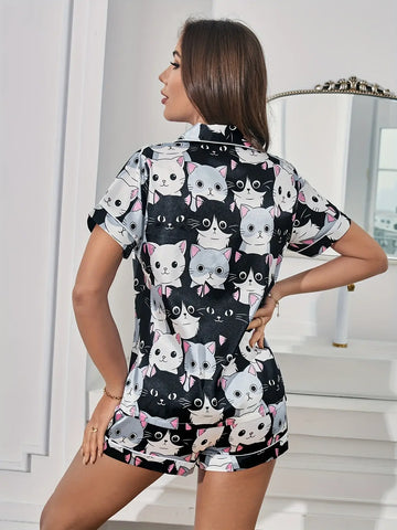 Pijama Feminino Gatinhos Pretos e Brancos detalhe visual 4 Raizza Kids