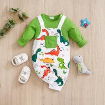 Macacão Bebê Dinossauro com Suspensório cor Verde-militar tamanho 12 a 18 meses Raizza Kids