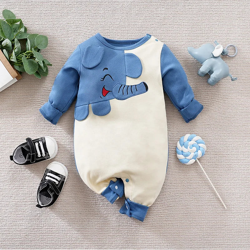 Macacão Bebê Menino Elefante Bordado cor Azul tamanho 0 a 3 meses Raizza Kids