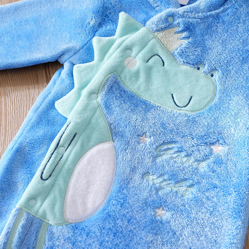 Macacão Bebê Inverno Dinossauro Azul com Pezinho detalhe 4 Raizza Kids