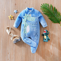Macacão Bebê Inverno Dinossauro Azul com Pezinho cor Azul tamanho 12 a 18 meses Raizza Kids