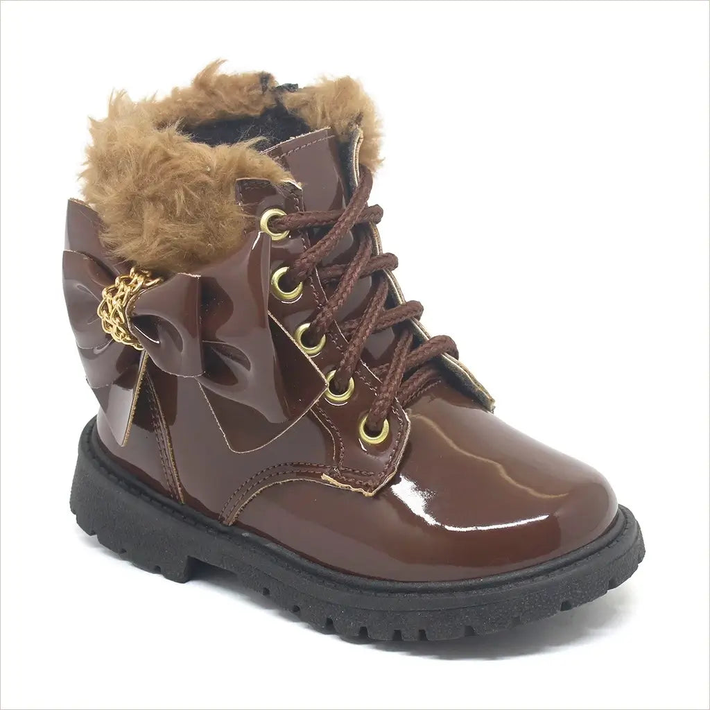 Bota Coturno Infantil Marrom Verniz com Pelucia e Laço - Raizza Kids