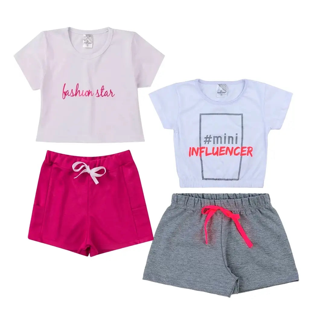 Kit Sortido 8 Peças de Roupas Infantil Feminina 4 Blusas + 4 Shorts