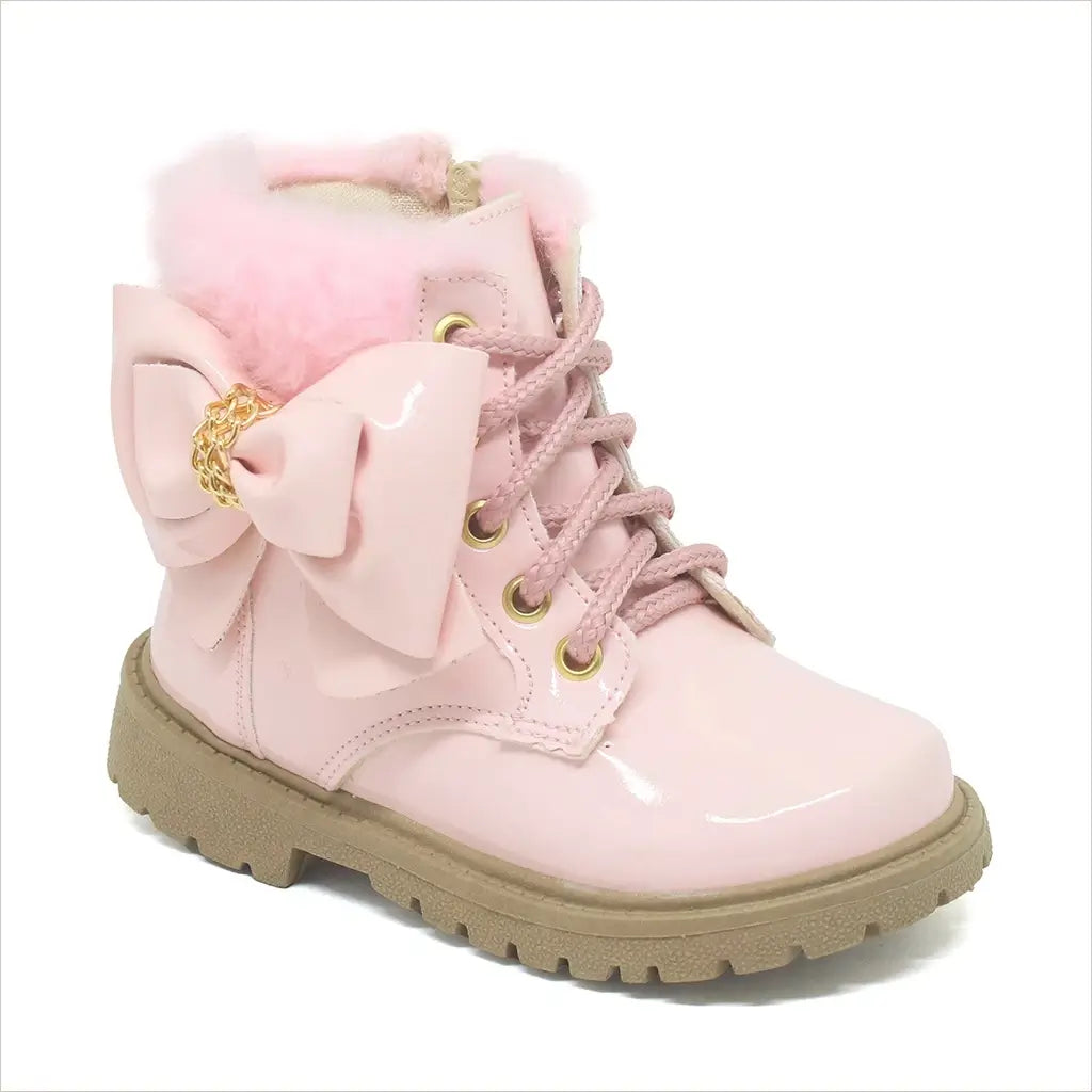 Bota Coturno Infantil Rose Verniz com Pelucia e Laço - Raizza Kids