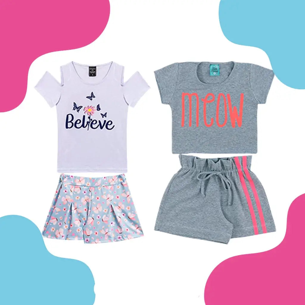 Kit Sortido 6 Peças de Roupas Infantil Feminino 3 Blusas + 3 Shorts - Raizza