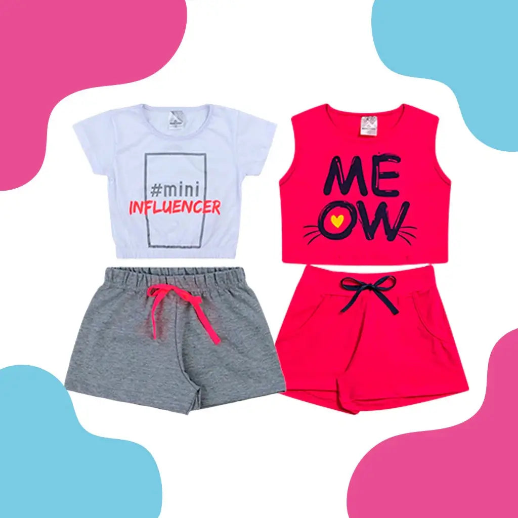 Kit Sortido 6 Peças de Roupas Infantil Feminino 3 Blusas + 3 Shorts - Raizza