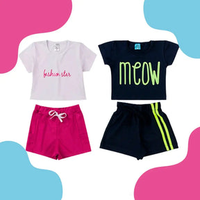 Kit Sortido 6 Peças de Roupas Infantil Feminino 3 Blusas + 3 Shorts - Raizza