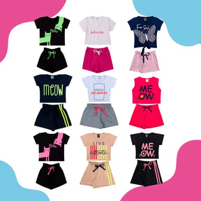 Kit Sortido 6 Peças de Roupas Infantil Feminino 3 Blusas + 3 Shorts - Raizza