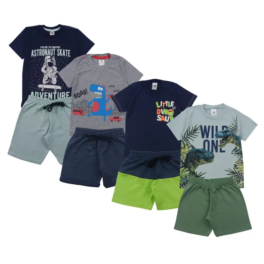 Kit 6 Peças de Roupas Infantil Masculino 3 Camisetas + 3 Bermudas - Raizza