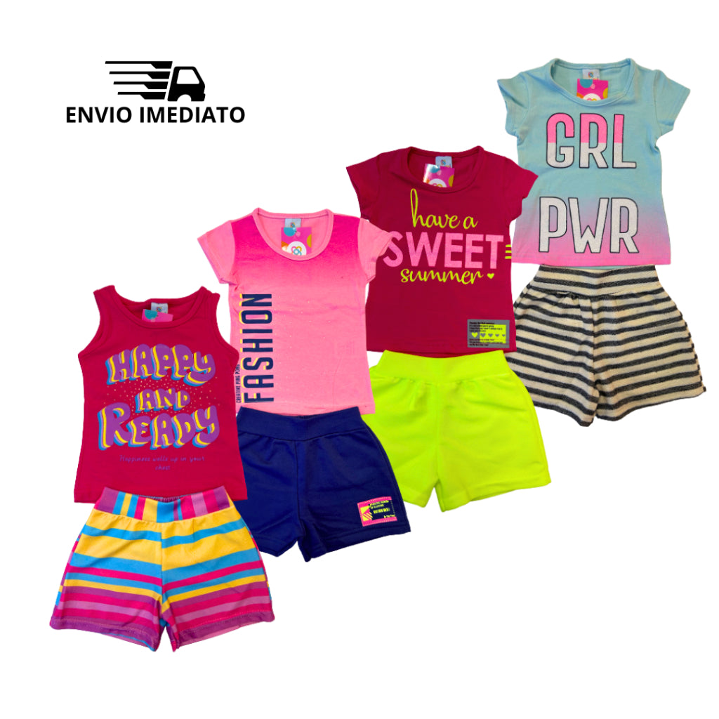 Kit 10 Peças Infantil Menina 5 Conjuntos, 5 Blusas + 5 Shorts - Raizza