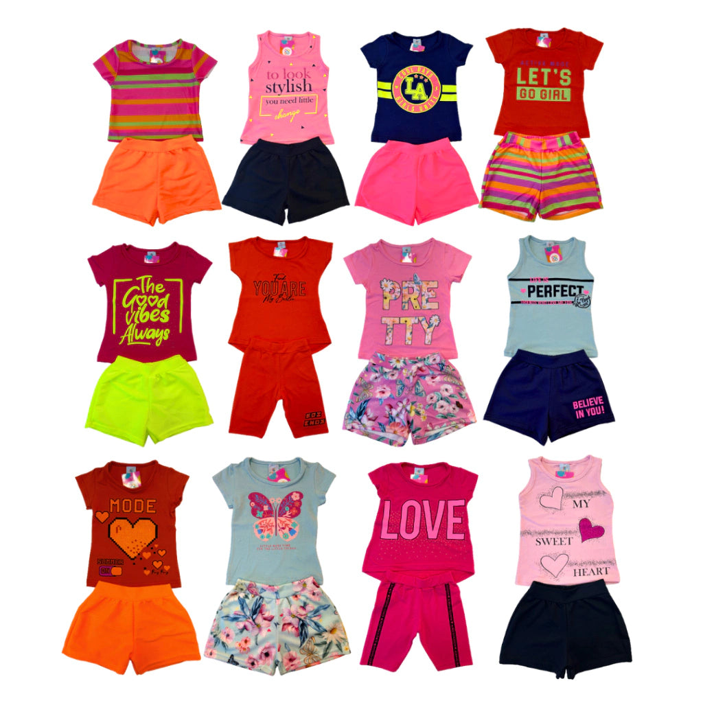 Kit 10 Peças Infantil Menina 5 Conjuntos, 5 Blusas + 5 Shorts - Raizza