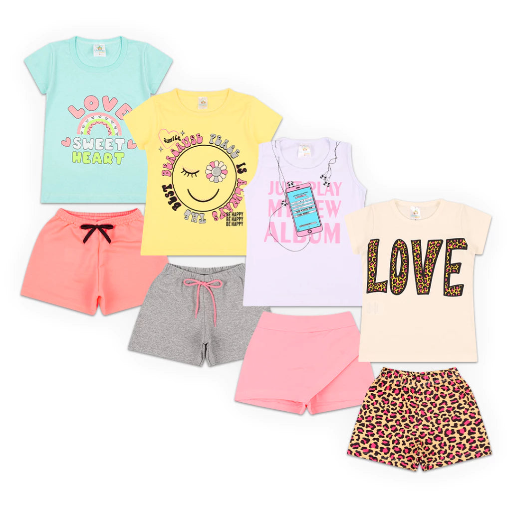 Kit Sortido 10 Peças de Roupas Infantil Feminina - 5 Camisetas + 5 Bermudas - Raizza