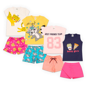 Kit Sortido 10 Peças de Roupas Infantil Feminina - 5 Camisetas + 5 Bermudas - Raizza