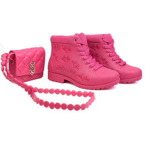 Kit Bota Coturno Infantil Feminina com Bolsa Pink- Raizza 