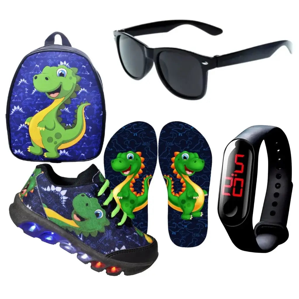 Tênis Infantil Masculino de Led Dinossauro + Chinelo + Mochila + Óculos + Relógio