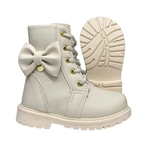 Bota Coturno Infantil Branco Tratorada com Laço - Raizza Kids