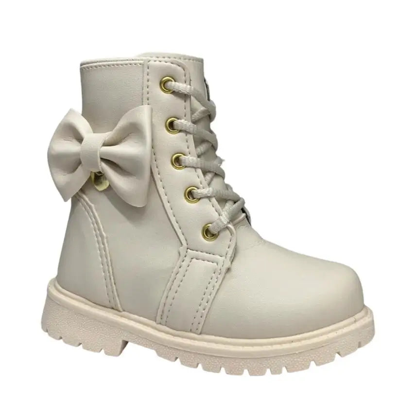 Bota Coturno Infantil Branco Tratorada com Laço - Raizza Kids