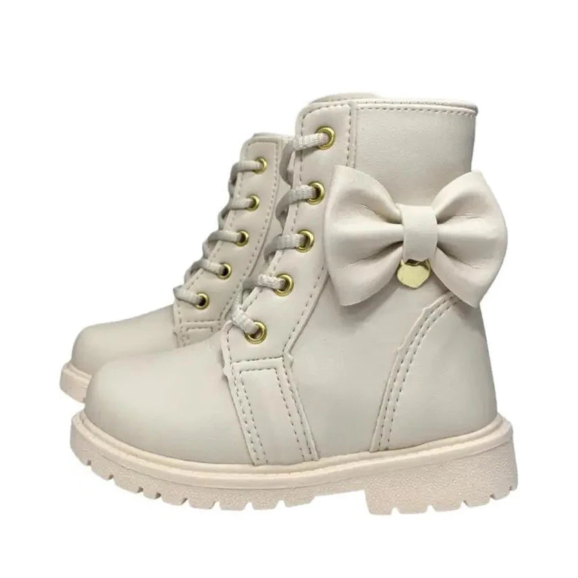 Bota Coturno Infantil Branco Tratorada com Laço - Raizza Kids